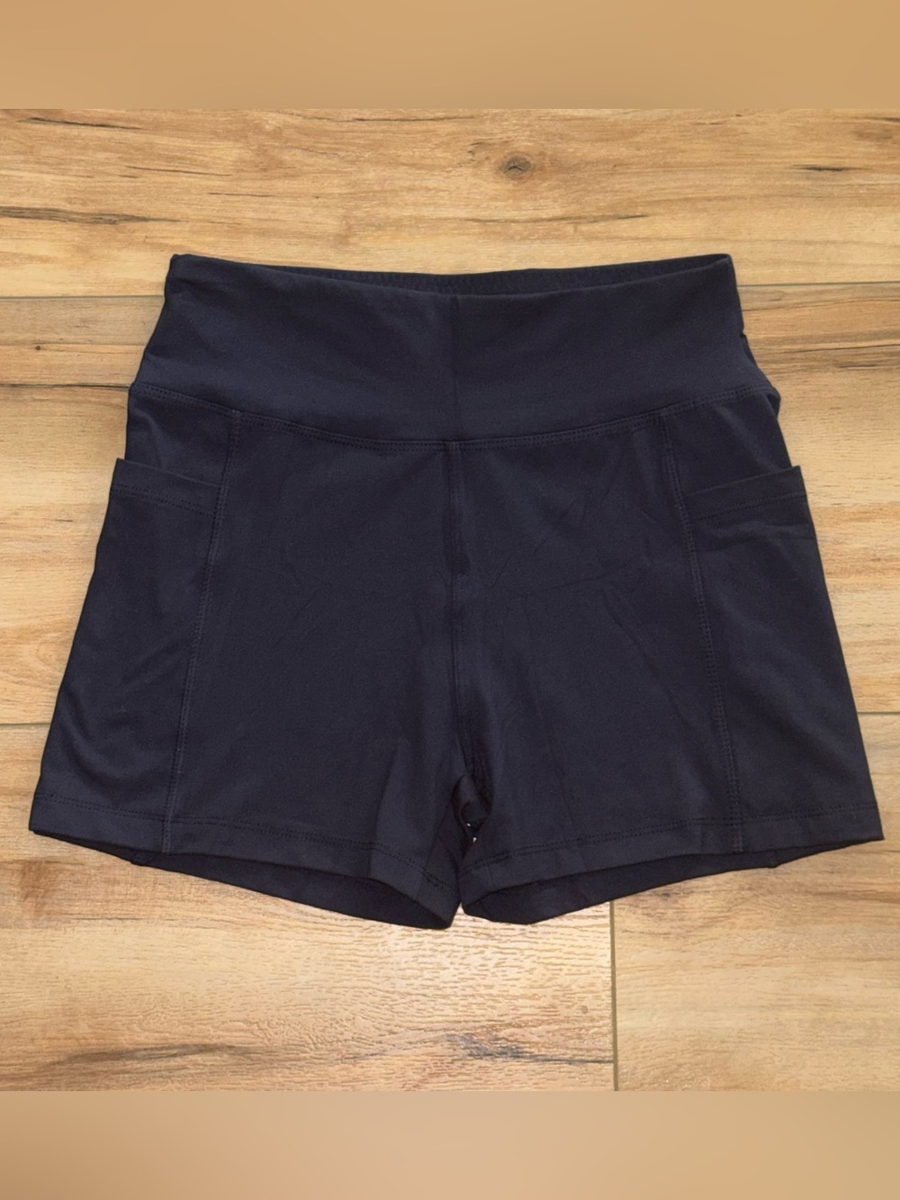 High-Waist Navy Women's Active Shorts Small Bike Shorts 3” Inseam Side Pockets